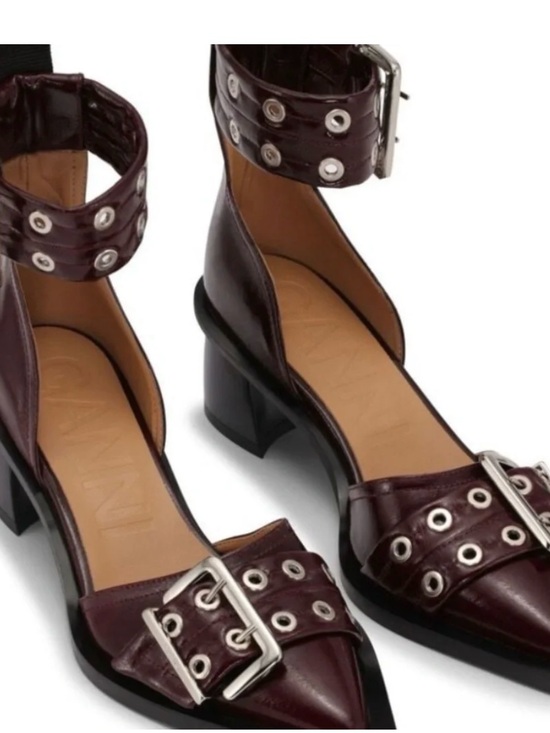 Ganni Shoes - Ganni Burgundy Pointed Toe Ankle Strap Heels with Buckle